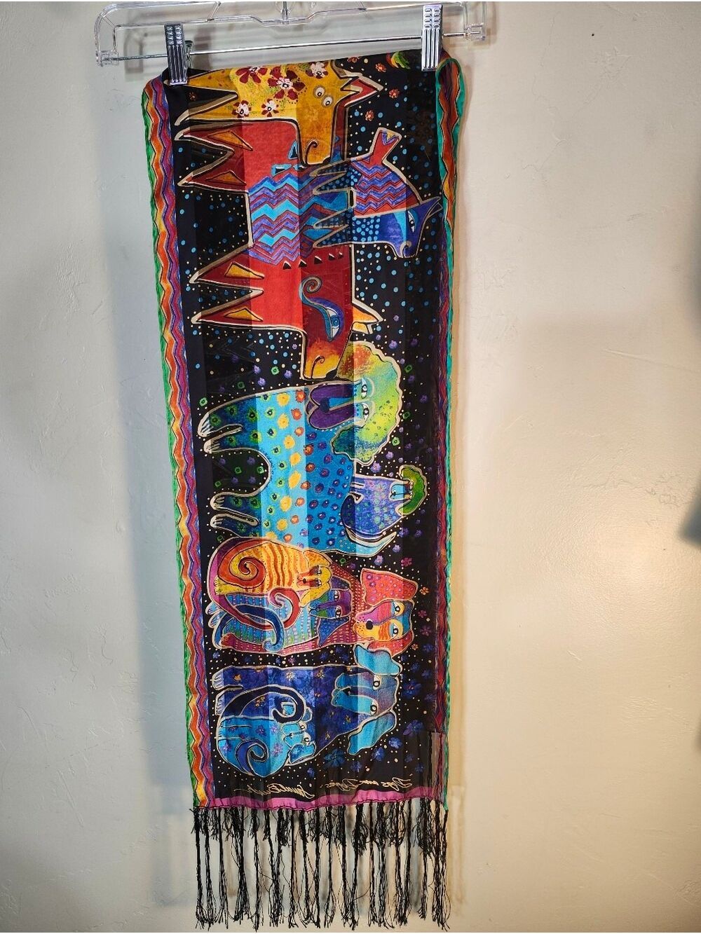 Laurel Burch Multicolor Dog and Doggies Parade Scarf with Fringe